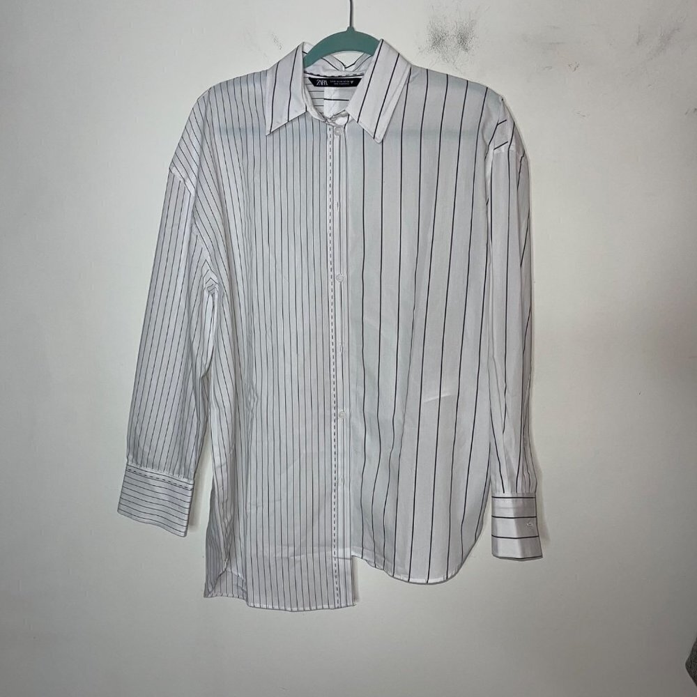 Zara Womens Shirt Size XS White Black Striped Oversized Asymmetrical Cotton - Picture 5 of 10
